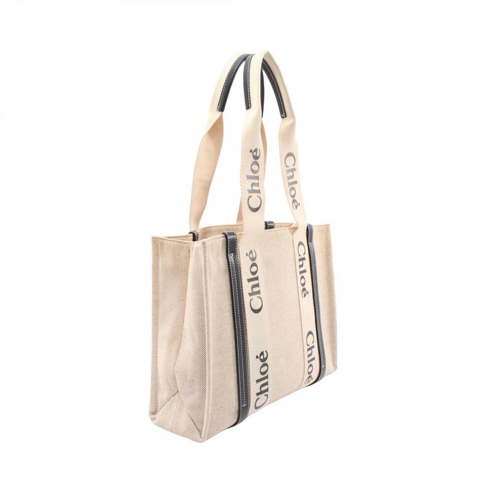 Chloe Woody Tote Bag Canvas Leather Beige Black - Picture 2 of 5